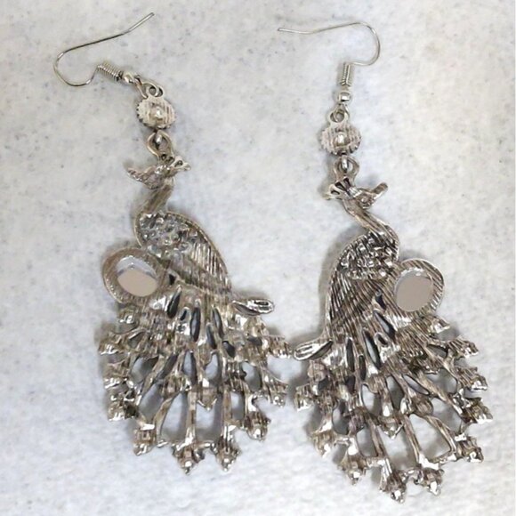 Peacock Earrings Dangle Blue Faux Rhinestone Silver Plating Metal 3.5" Length - Picture 8 of 9